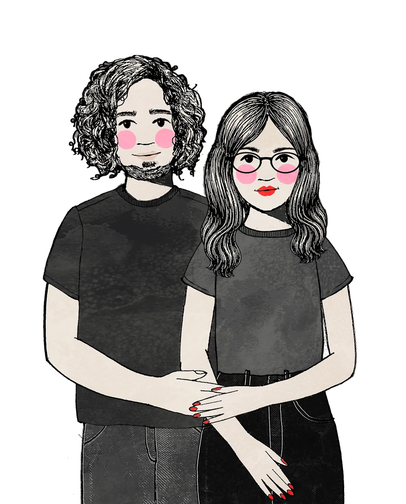 Linocut-style portrait of Stevie and Mariam